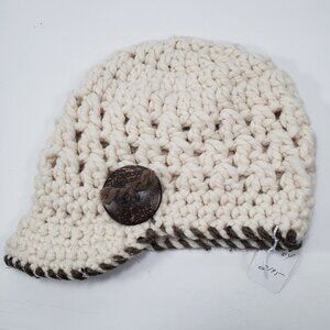 Hand Crocheted Newsboy Hat Cap Handmade Beige w/Large Brown Button NWT